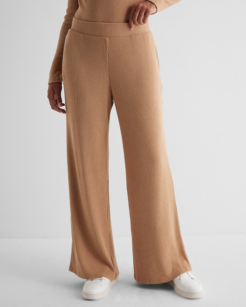 Express, High Waisted Ribbed Cozy Knit Pull On Wide Leg Pant in Pecan