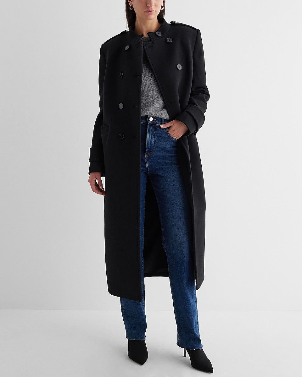 Express | Faux Wool Double Breasted Stand Collar Coat in Pitch