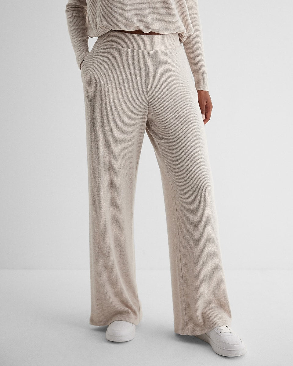 Express, High Waisted Ribbed Cozy Knit Pull On Wide Leg Pant in Sandy Beige
