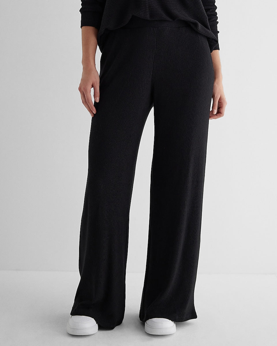 Express | High Waisted Ribbed Cozy Knit Pull On Wide Leg Pant in Pitch ...