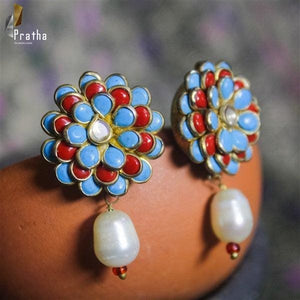 Designer Silver Earrings | Pacchi Work Studds | Handcrafted Silver Jewellery For Women By Pratha - Jewellery Studio