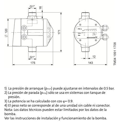 Dimensiones Controlador de presión PM2 de grundfos 96848740
