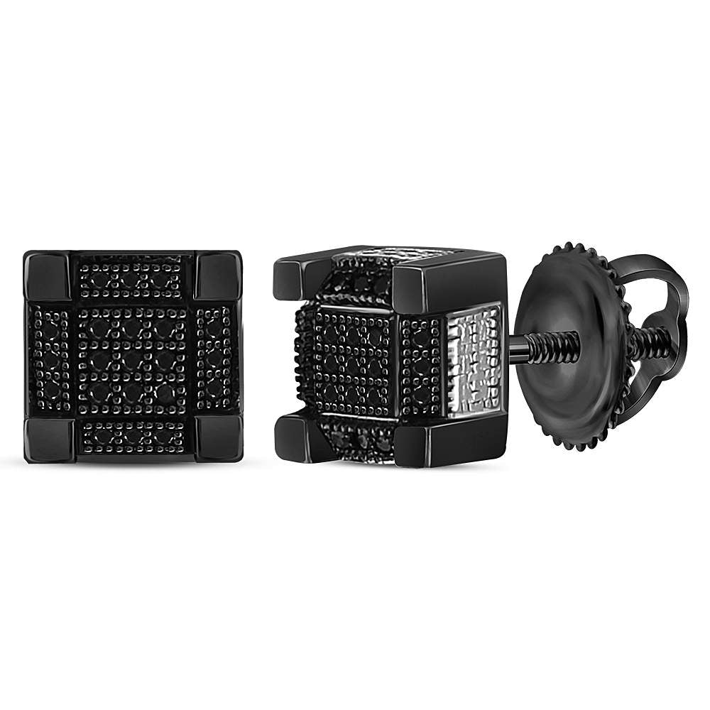 Sterling Silver Mens Round Black Color Enhanced Diamond 3D Square Stud Earrings 1/6 Cttw