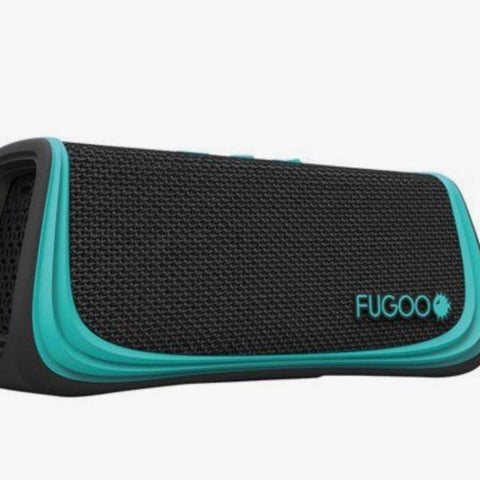 Black and teal Fugoo speaker 
