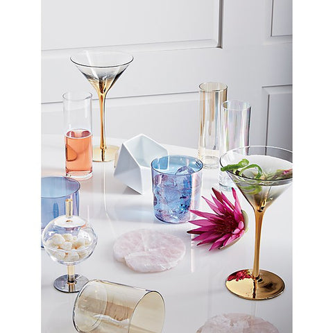 Iridescent glassware and modern martini glasses.
