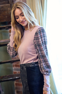 Festive Plaid Sleeve Knit Top