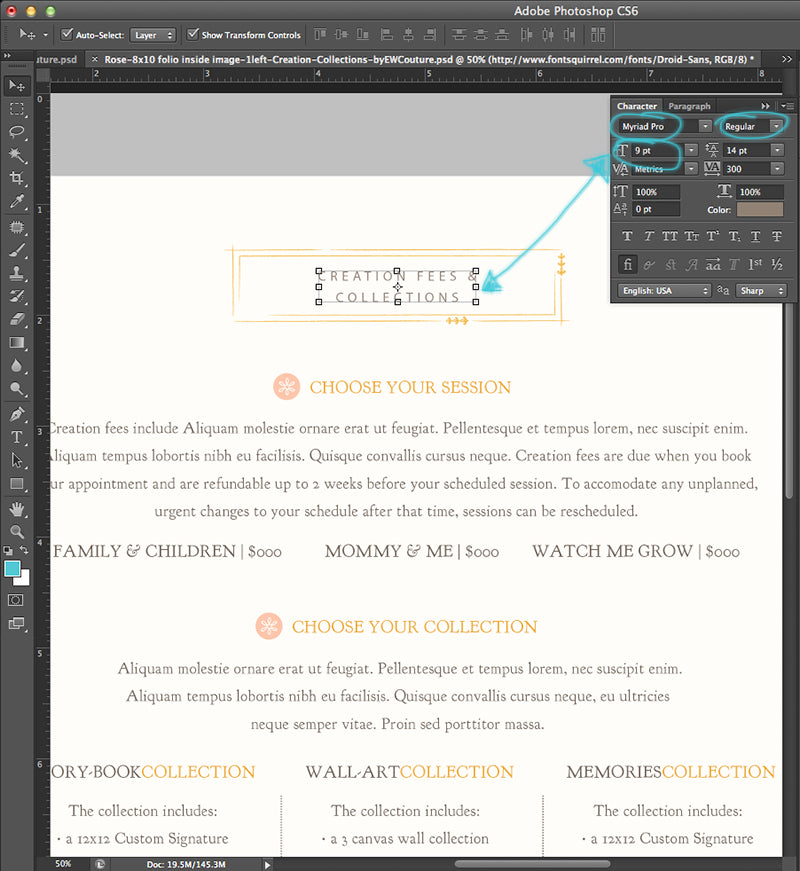 changing the font family and style, and the font size