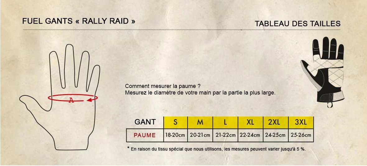 Guide tailles des gants Rally Raid Fuel Motorcycles.