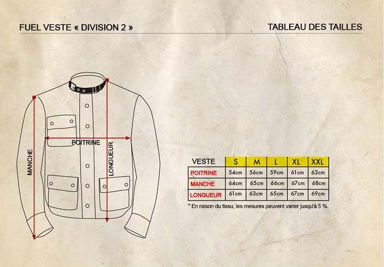 Division 2 Fuel Motorcycles jacket size guide.