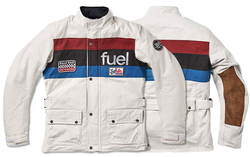 Veste moto blanche Rally Raid de Fuel Motorcycles.