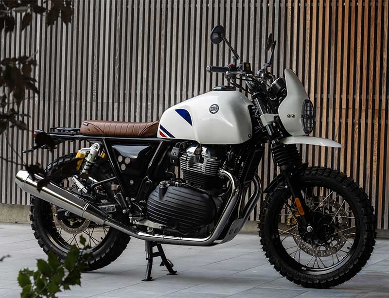 White/black scrambler fender on Royal Enfield.