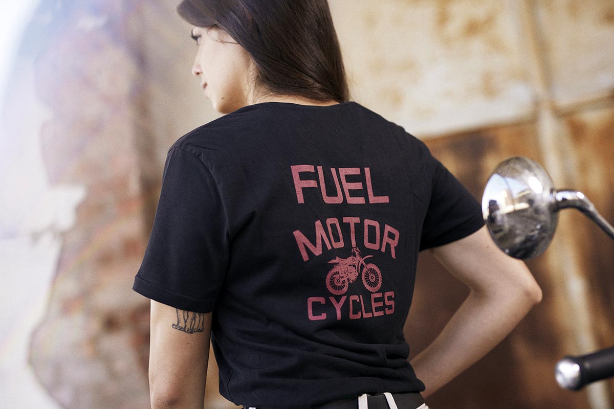 Angie Fuel Motorcycles women's motorcycle t-shirt.