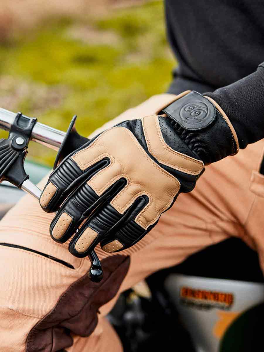 Pair of Hero motorcycle gloves in sand black from Age of Glory.