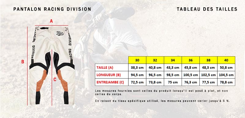 Racing Division pant size guide.