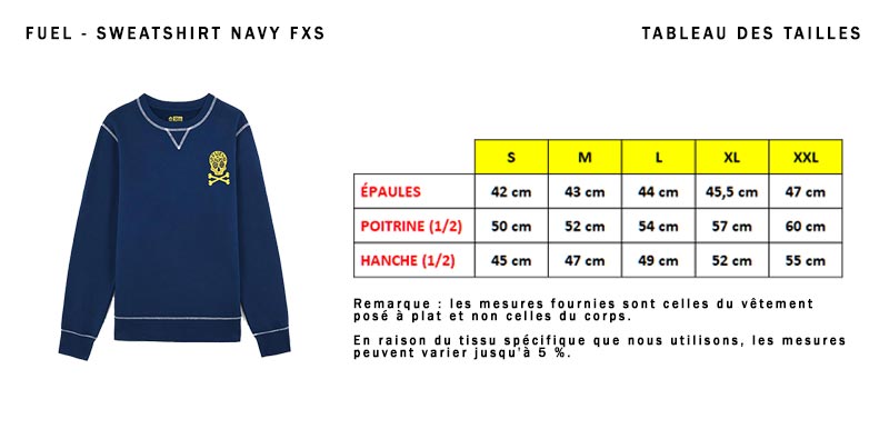 FXS navy sweatshirt size guide.