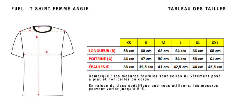 Angie Fuel Motorcycles women's t-shirt size guide.