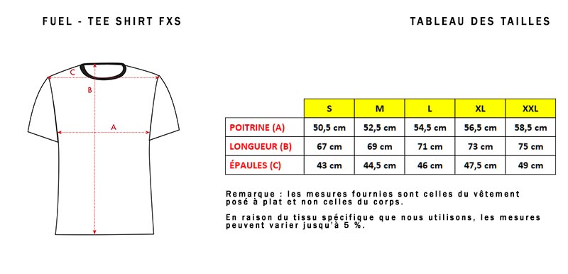 Größentabelle Weißes FXS-T-Shirt.