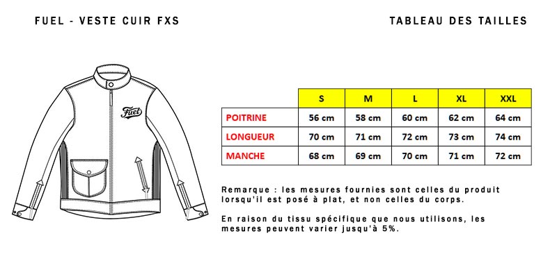 Guide des tailles veste cuir FXS Fuel Motorcycles.