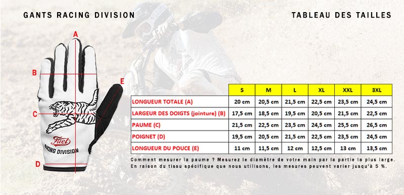 Guide des tailles de gants moto Racing Division.