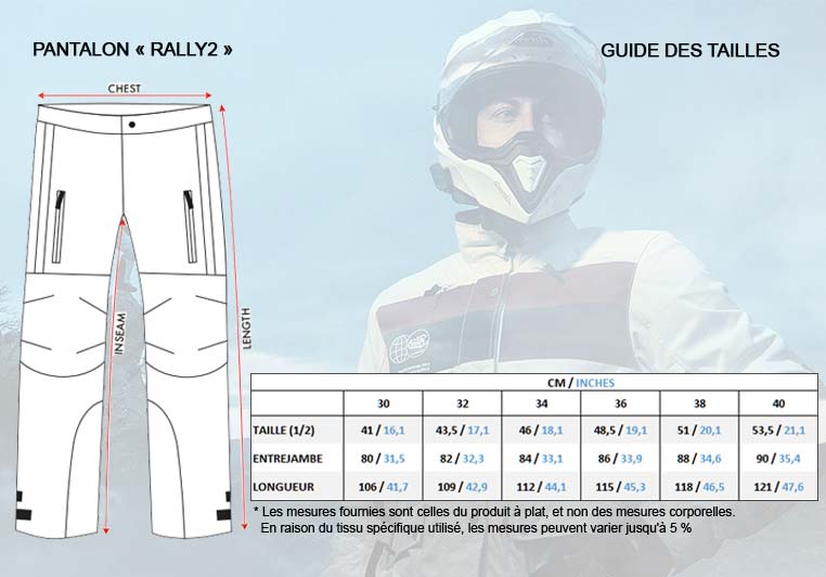 Guide des tailles du pantalon Rally 2 Fuel Motorcycles.
