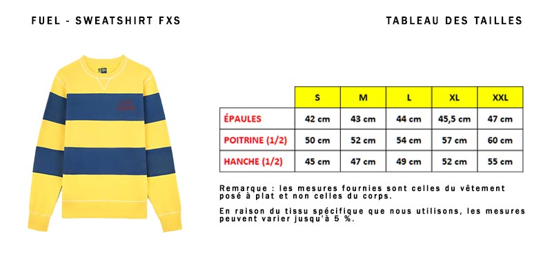 FXS sweatshirt size guide.