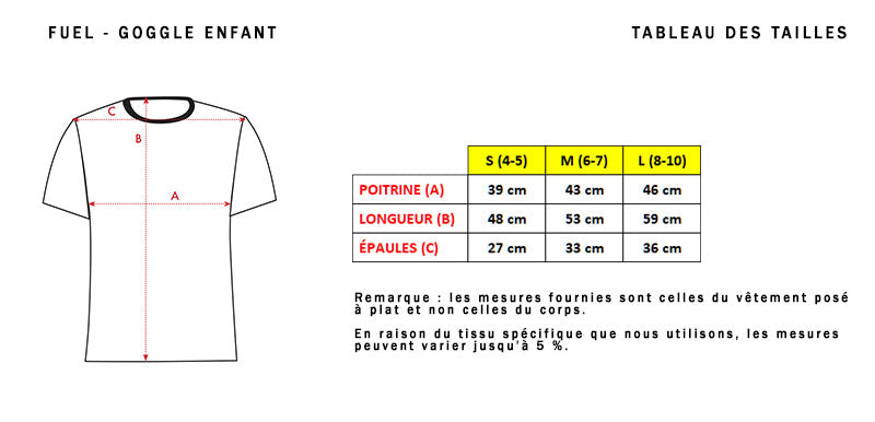 Guide des tailles du tee shirt enfant Goggle.