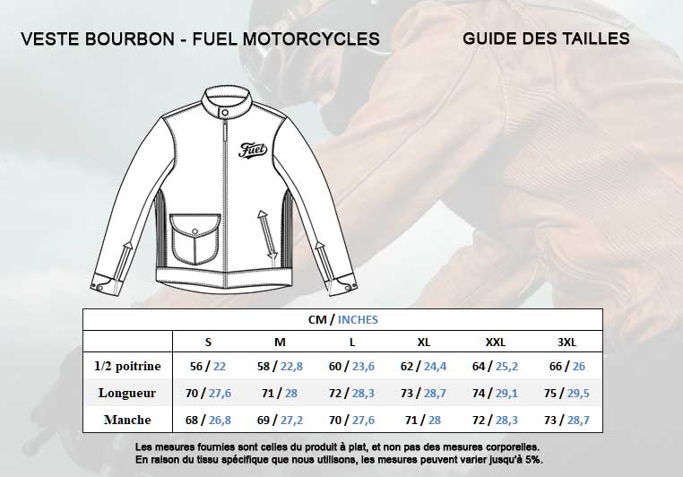 Bourbon motorcycle jacket size guide.