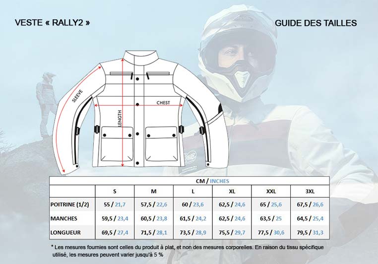 Guide des tailles de la veste Fuel Motorcycles Rally2.