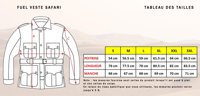 Guide des tailles de la veste Safari