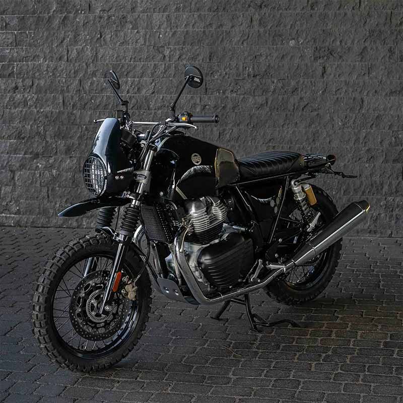 Black/black scrambler fender on Royal Enfield.