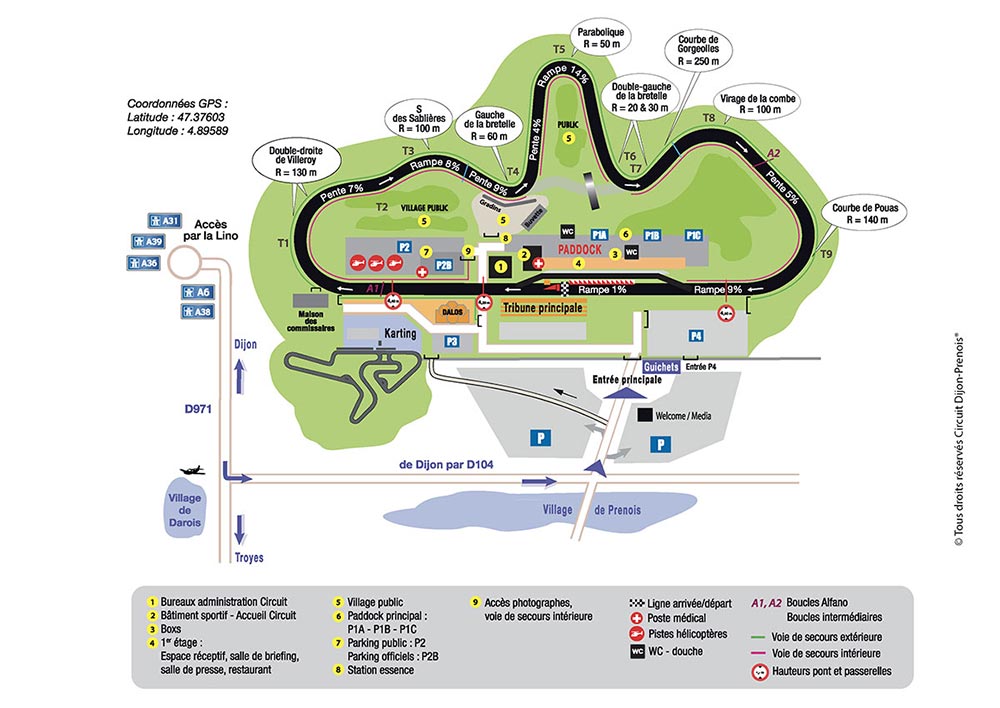 Plan and info Dijon-Prenois circuit.