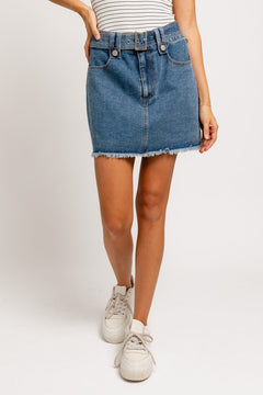 High Waisted Belted Denim Mini Skirt