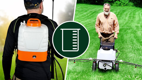 Two man using a sprayer, one using a backpack sprayer, the other one is using a cart sprayer