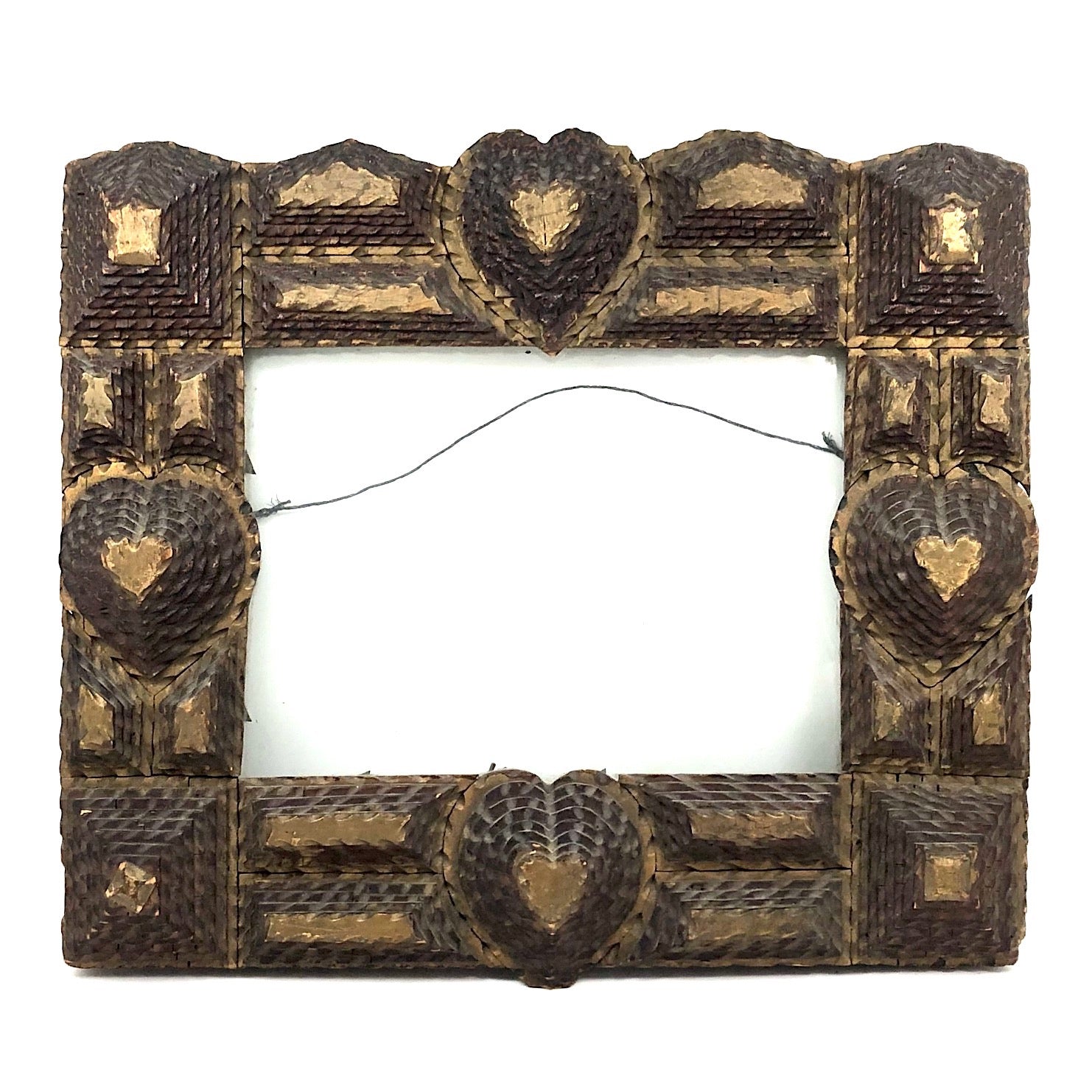 Huge, Ornate Antique Chip Carved Tramp Art Frame with Hearts and Original Glass