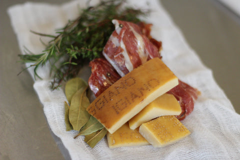 parmesan rinds salami ends prosciutto herbs cheesecloth