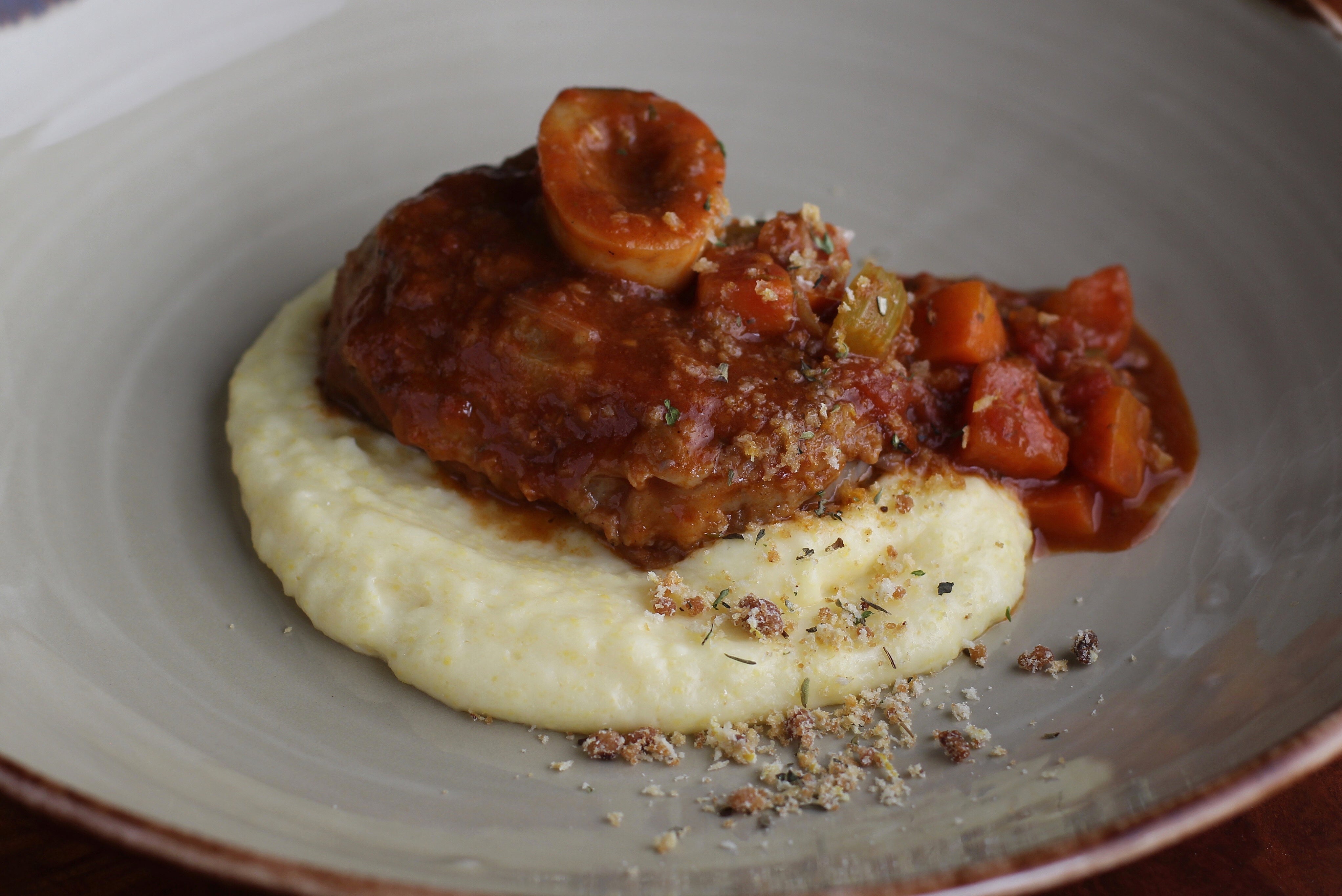 Cacio Pepe osso buco with creamy polenta and gremolata