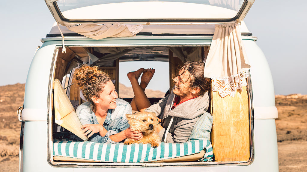 Hipster couple in van with their pup.