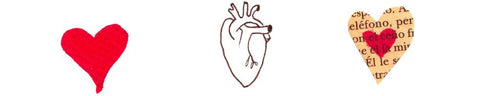 Muestra de 3 corazones ilustrados, uno pintado rojo, otro realista dibujado en línea y un último corazon recortado en papel
