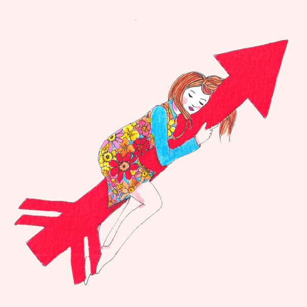 Dibujo de mujer subida a una flecha roja