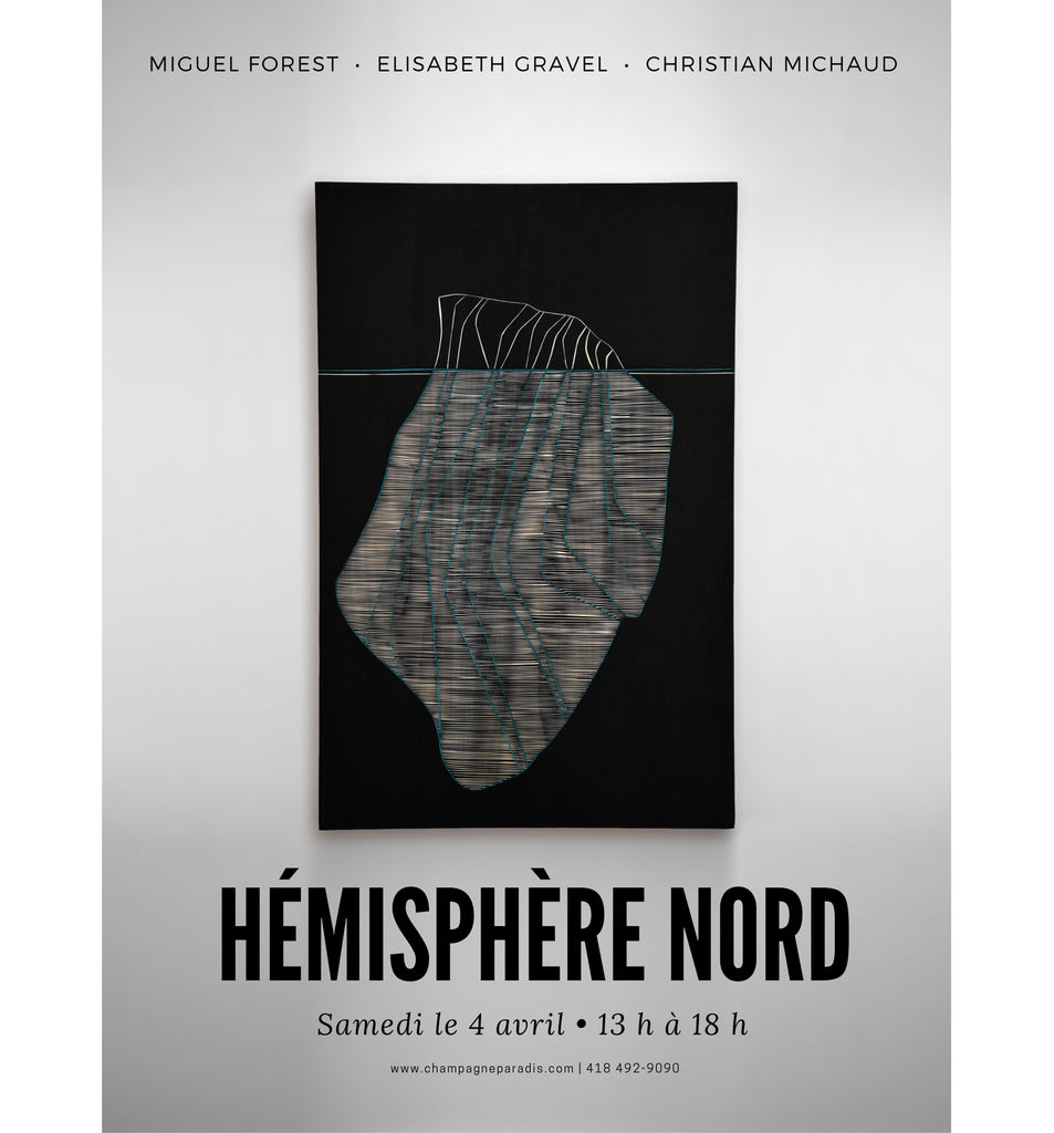 Exposition Hémisphère Nord, gravure sur bois, Christian Michaud, Miguel Forest et Elisabeth Gravel, galerie d'art contemporain, Kamouraska.