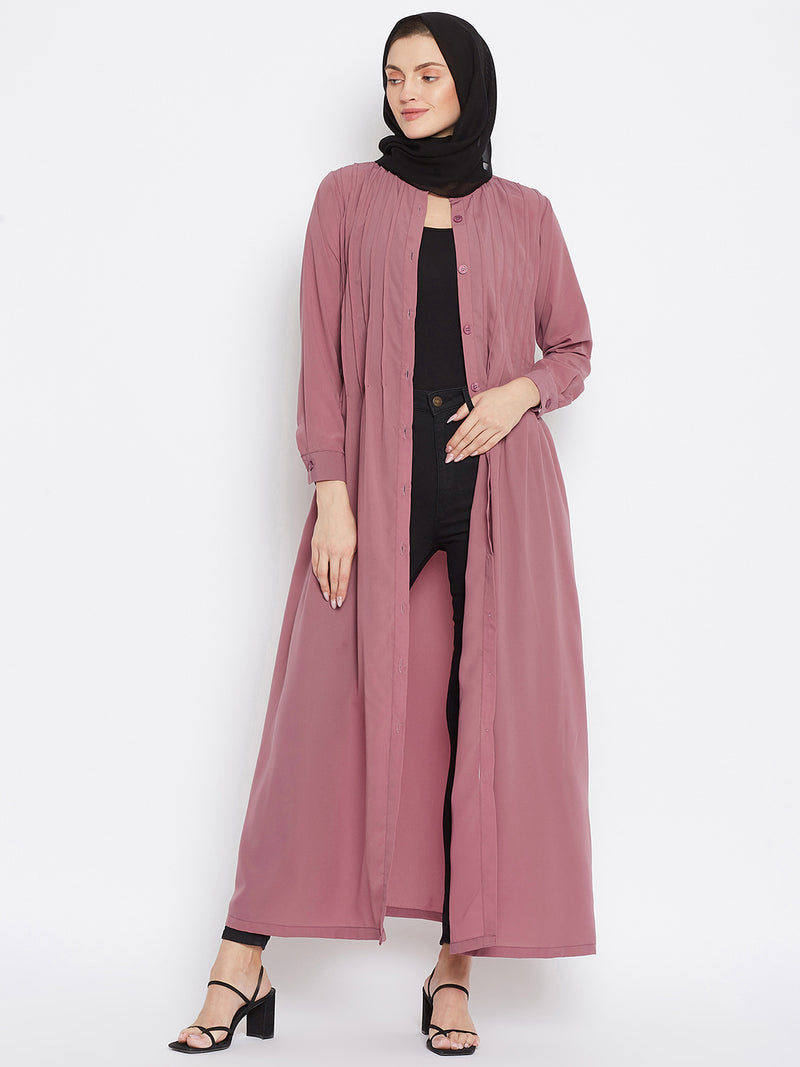 Nabia Women Pink Solid Nida Matte Front Open Plat Design Abaya With Georgette Scarf