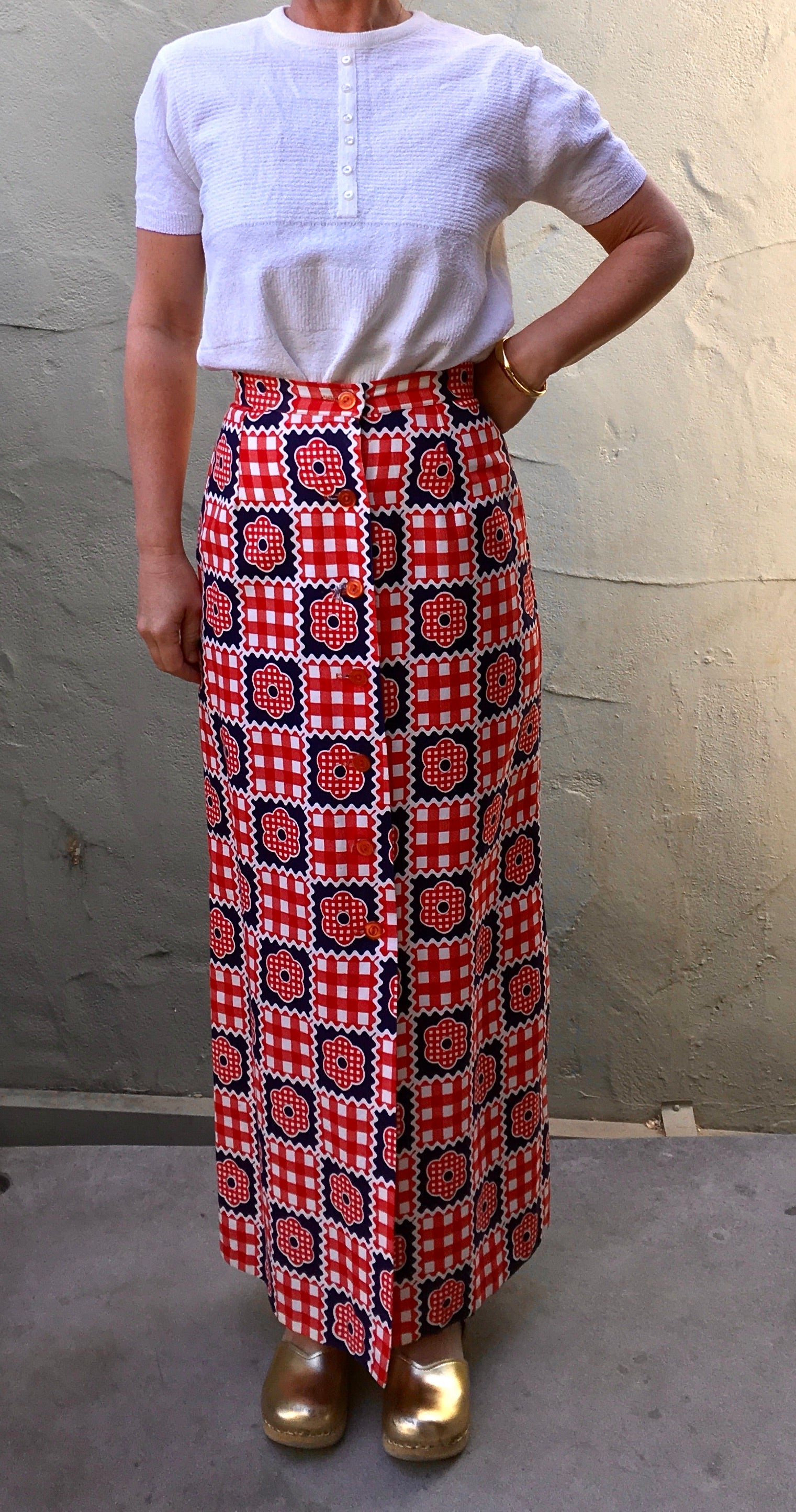 red and white maxi skirt