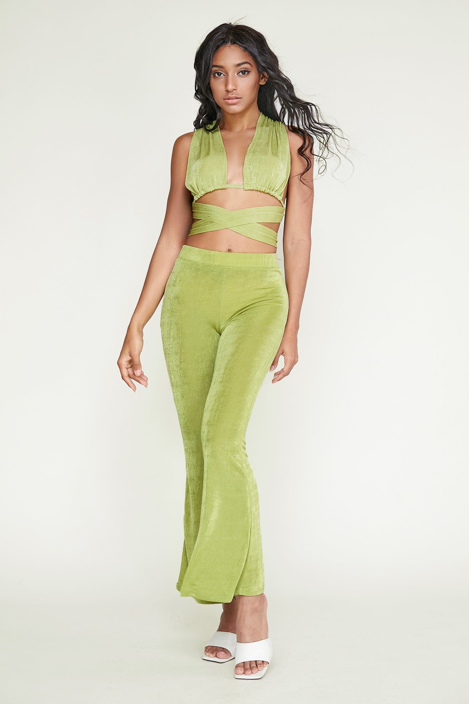 

Yellow Green Tie Waist Crop Top & Flared Pants Set