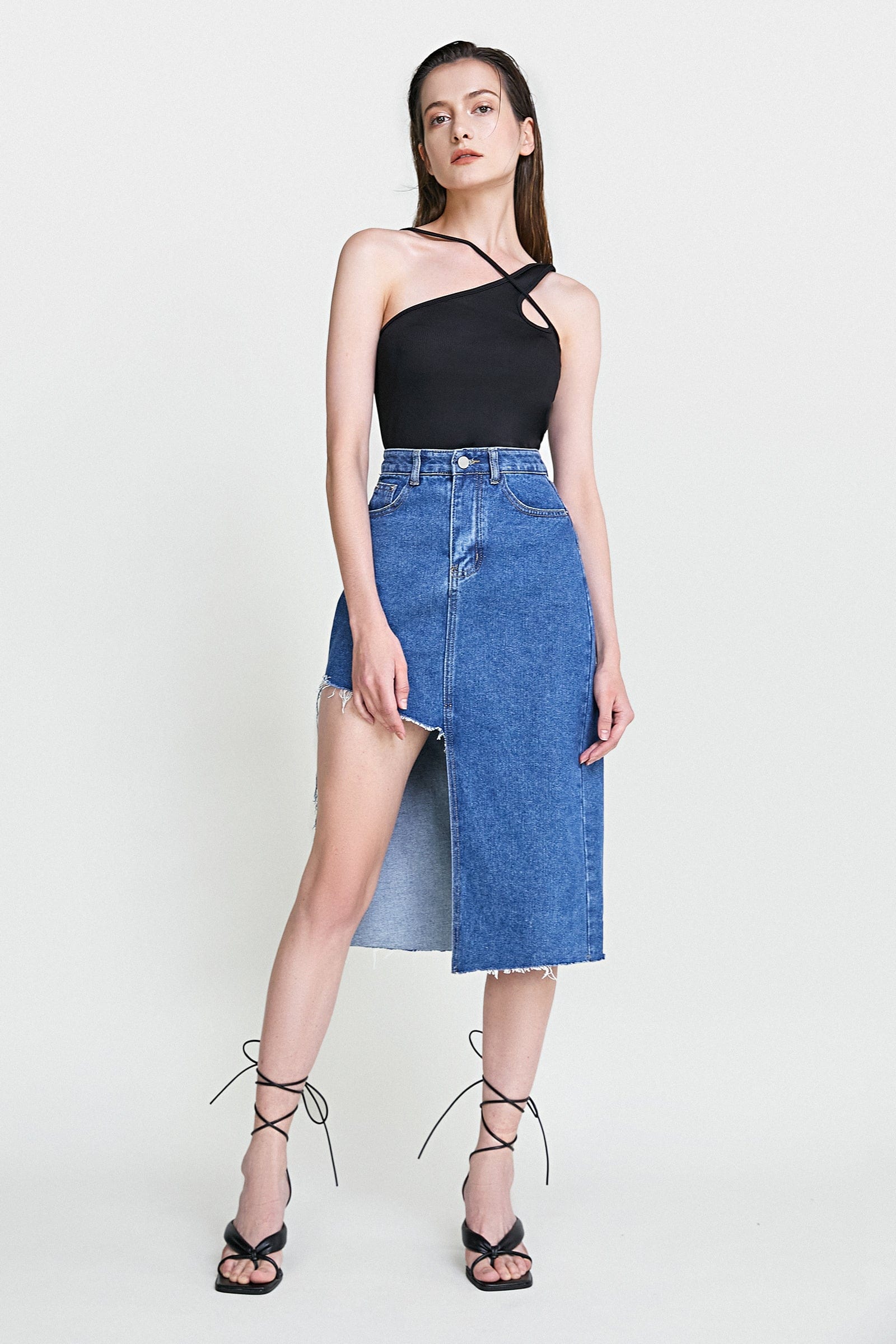 

Dark Blue Asymmetric Raw Hem Mini Denim Skirt