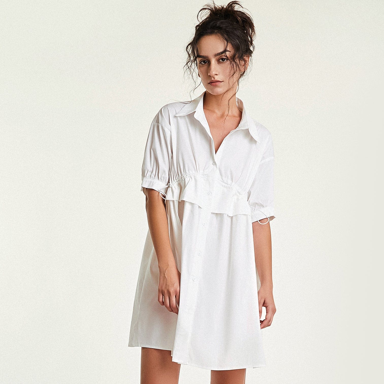 

White Drawstring Waist Button-Up Shirt Dress