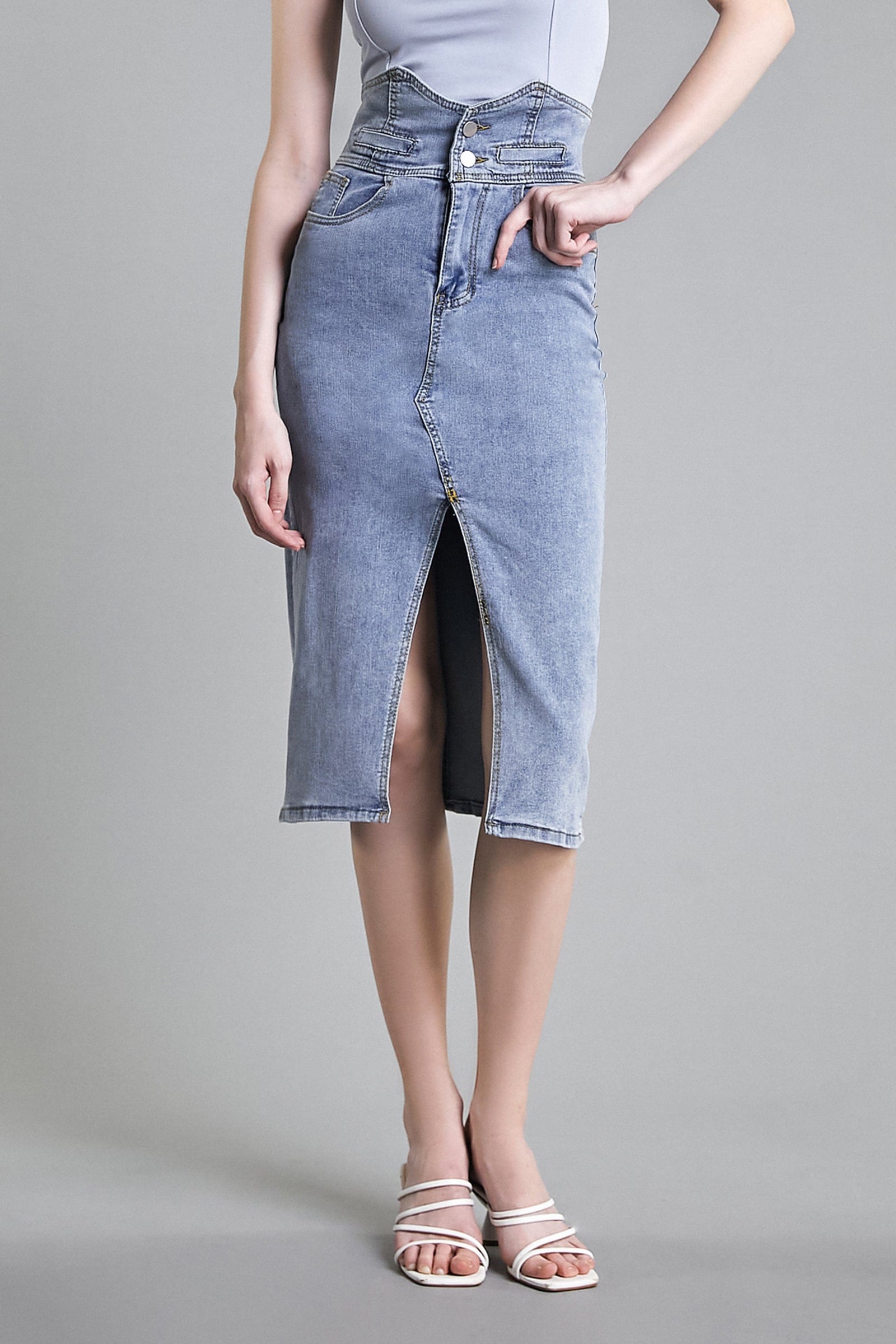 

Medium Blue Wash High Rise Front-Slit Midi Denim Skirt