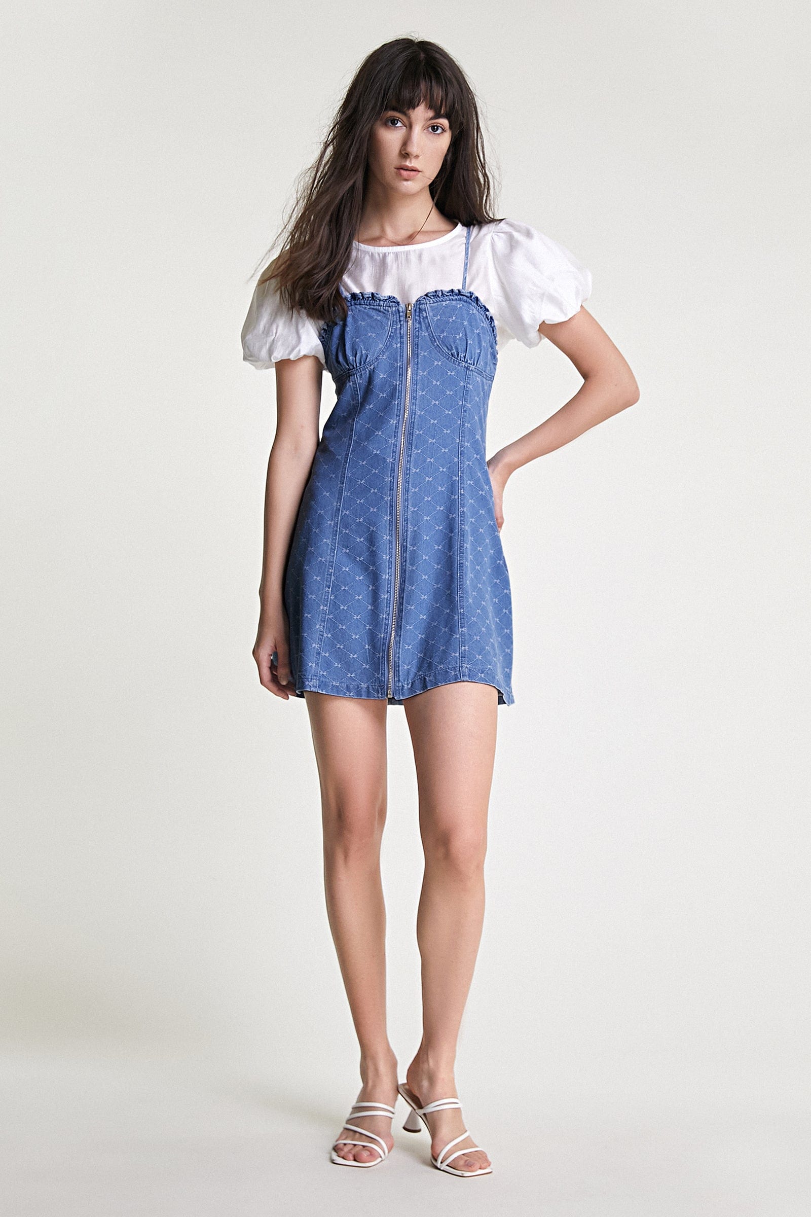 

Royal Blue Zip Front Denim Cami Mini Dress & Puff Sleeve Top Two-Piece Set