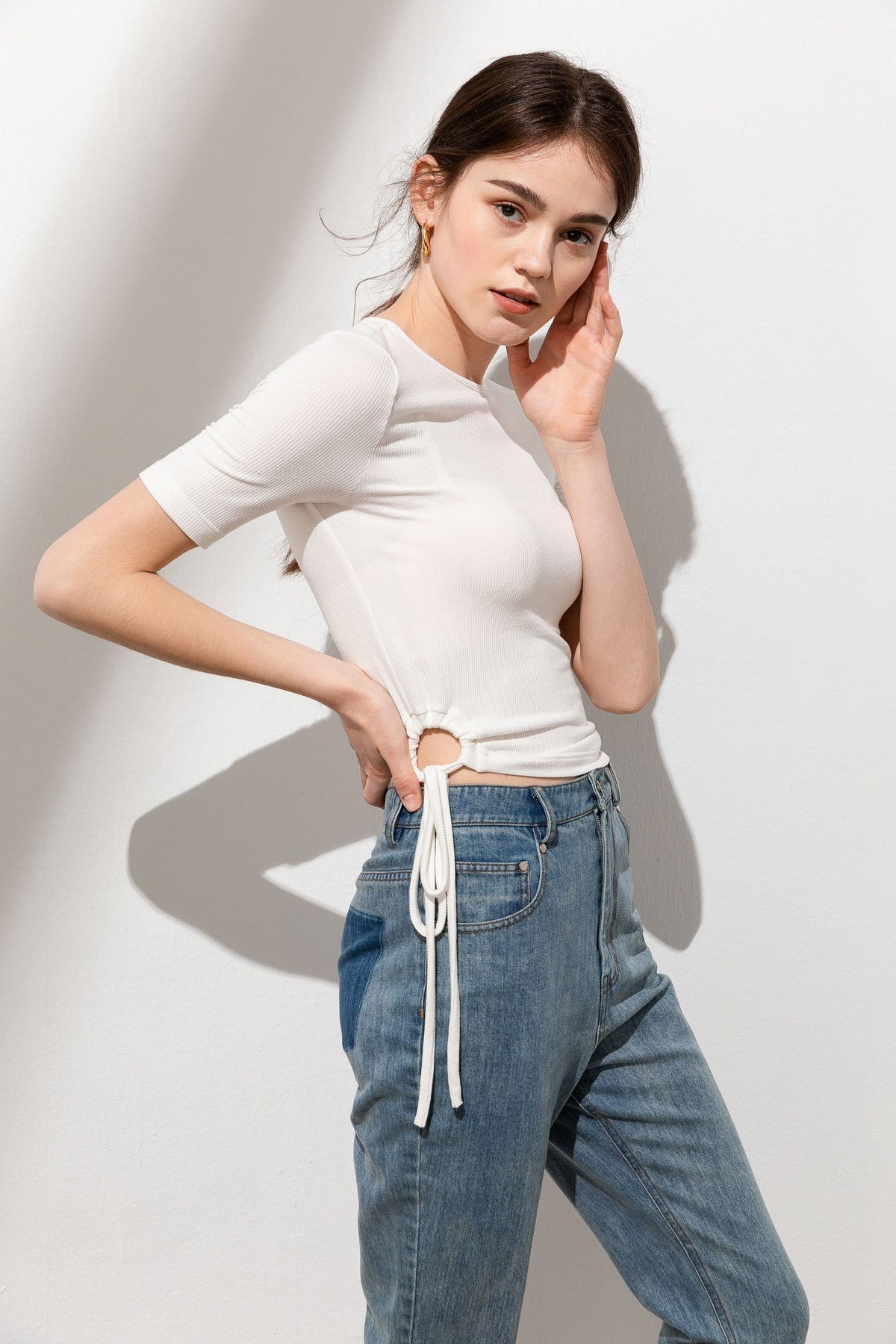 J.ING Women's Tops | Maddie White Tie-Ring Ruched Tee