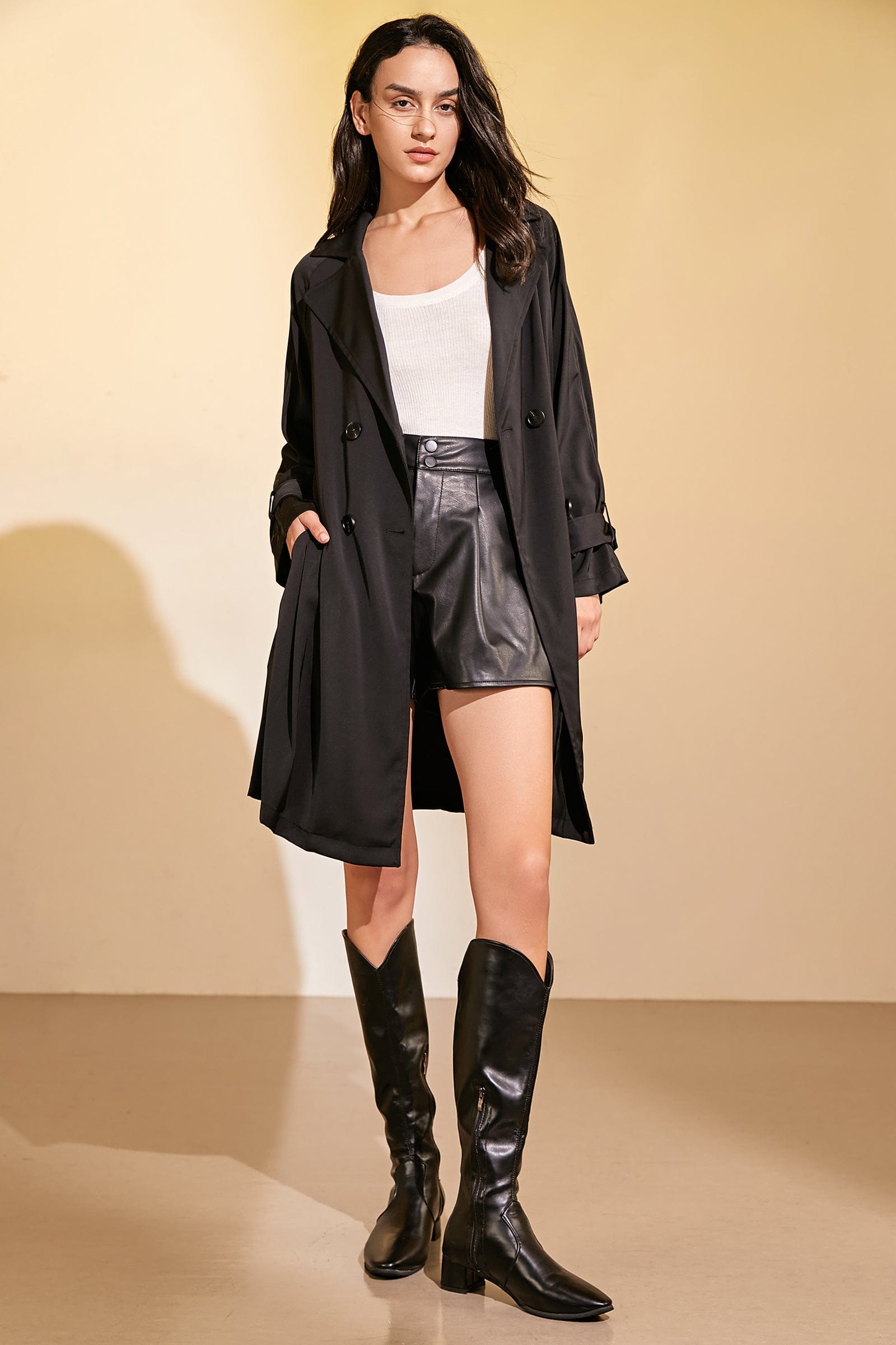 

Black Longline Double-Breasted Notched Collar Trench Coat