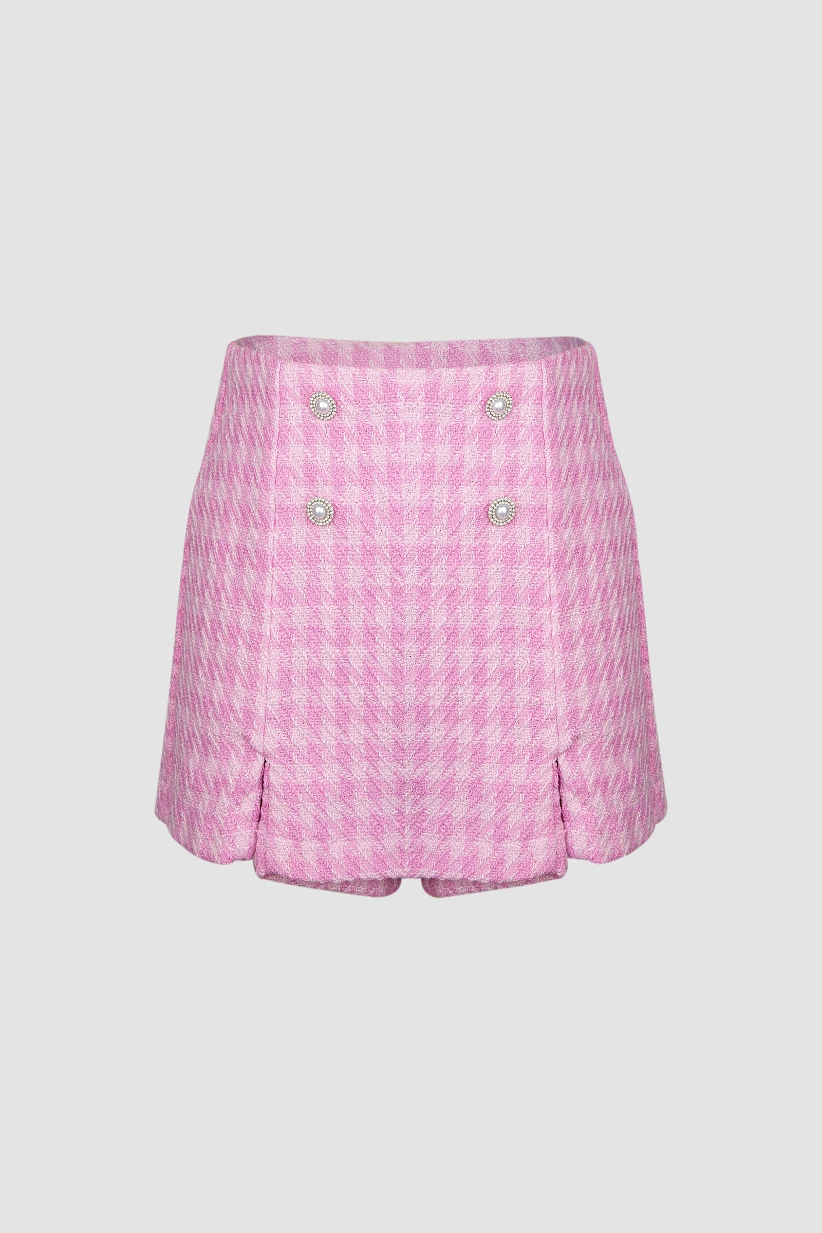 

Pink Houndstooth Button Detail Split Hem Mini Skirt